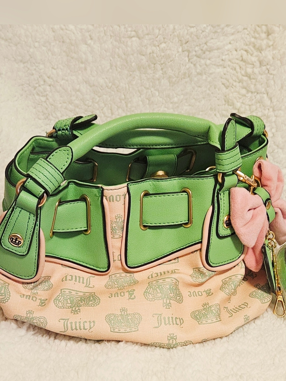 Nwt Juicy Couture Pink  Fan club Green Leather Accent Shoulder Bag w Bow Charm